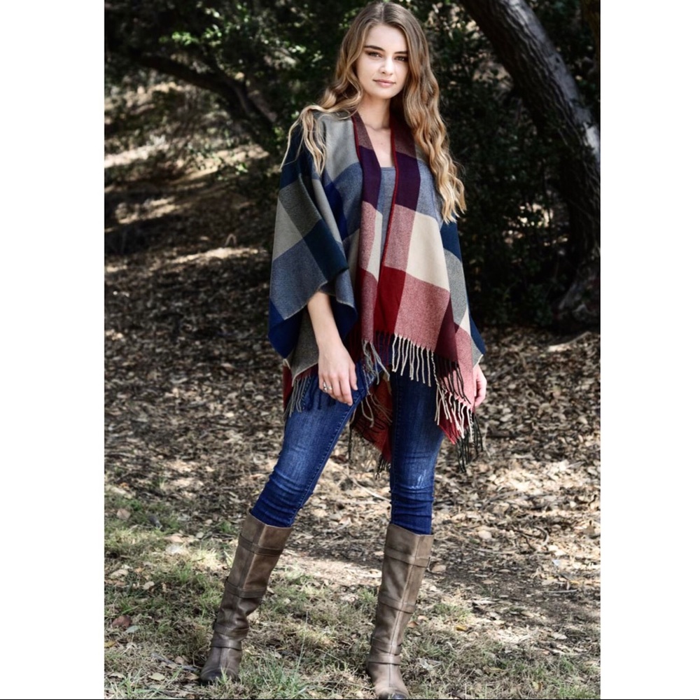 Red Navy Cream Plaid Fall Ruana Poncho Shawl Scarf - Picture 5 of 8